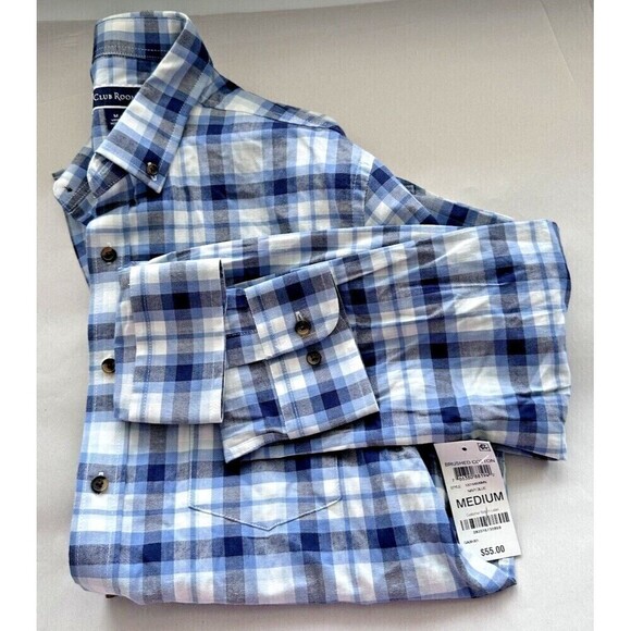 CLUB ROOM Mens Plaid Button-Down Shirt Slim-Fit Stretch Navy Combo Blue Size M - Picture 3 of 5